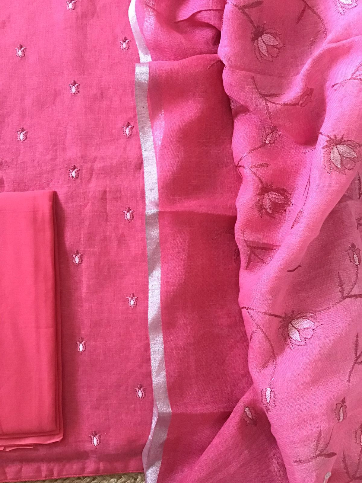 Pure Linen Jute Cotton Shaded Embroidered Suit - Pink