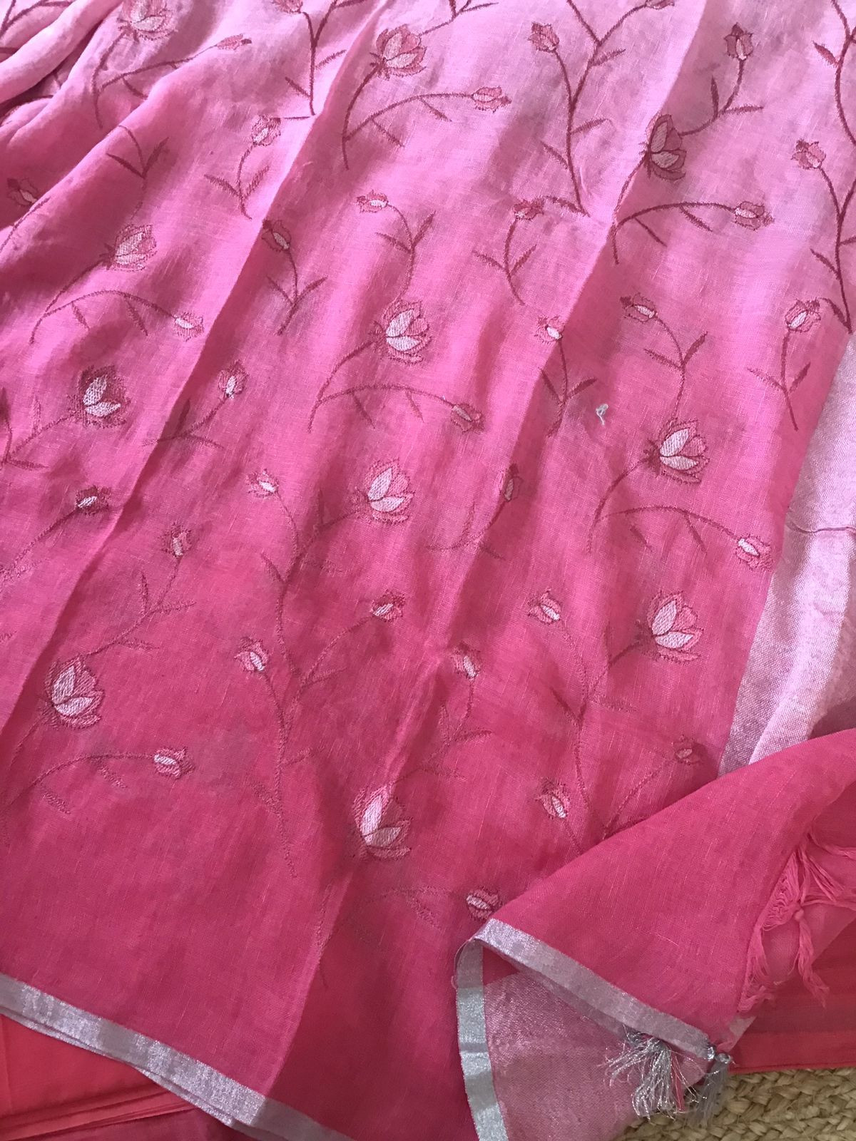 Pure Linen Jute Cotton Shaded Embroidered Suit - Pink