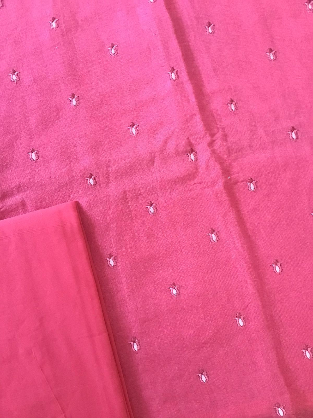 Pure Linen Jute Cotton Shaded Embroidered Suit - Pink