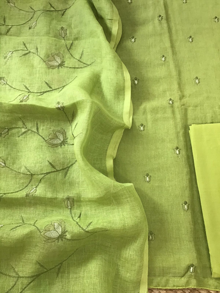Image of Pure Linen Jute Cotton Shaded Embroidered Suit - Green