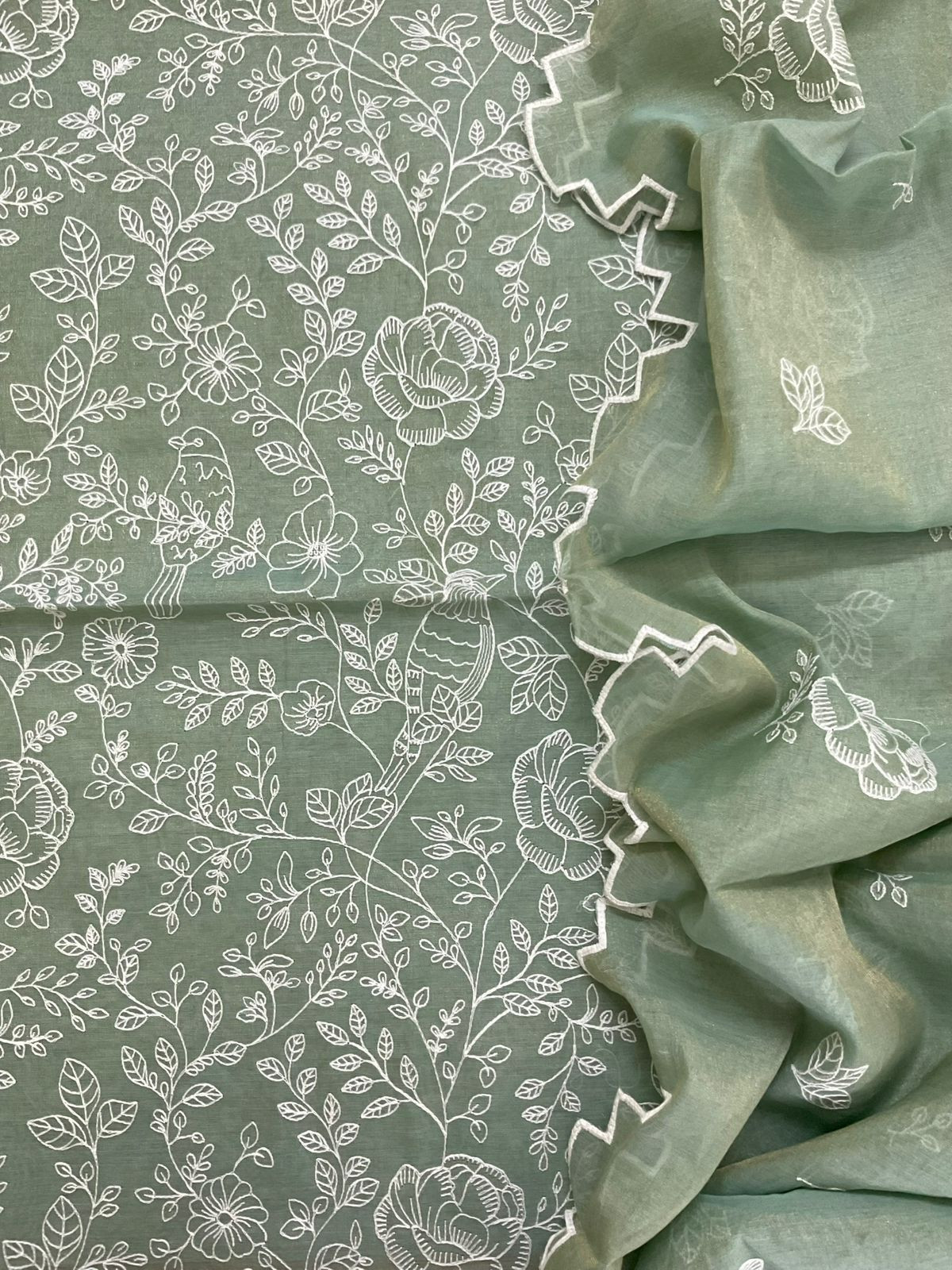 Pure Tissue Chanderi Embroidered Suit - Green