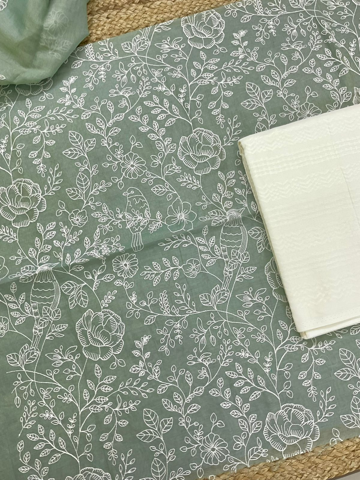 Pure Tissue Chanderi Embroidered Suit - Green