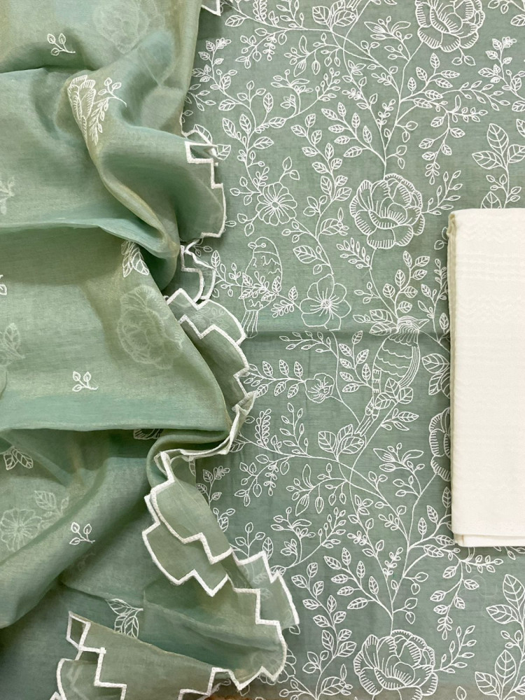 Image of Pure Tissue Chanderi Embroidered Suit - Green
