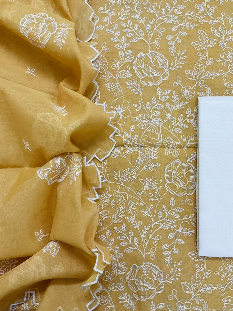 Image of Pure Tissue Chanderi Embroidered Suit - Yellow