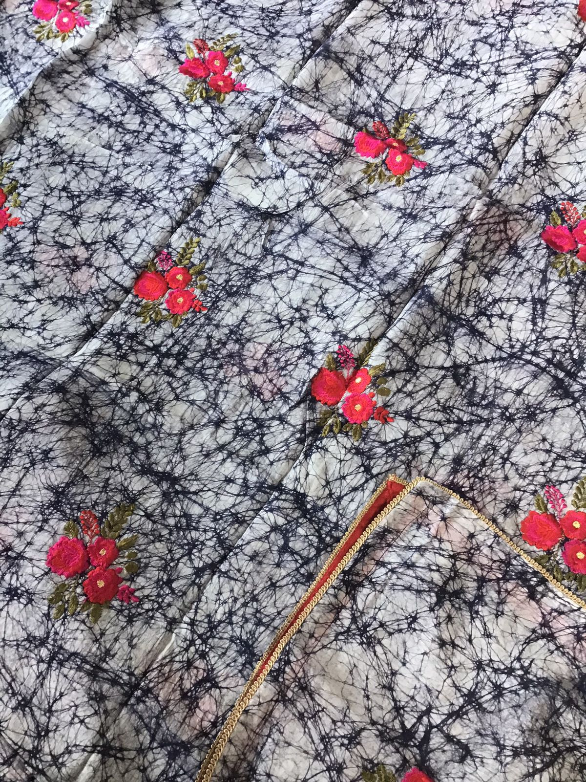 Pure Linen Chanderi Printed Embroidered Suit - Blue