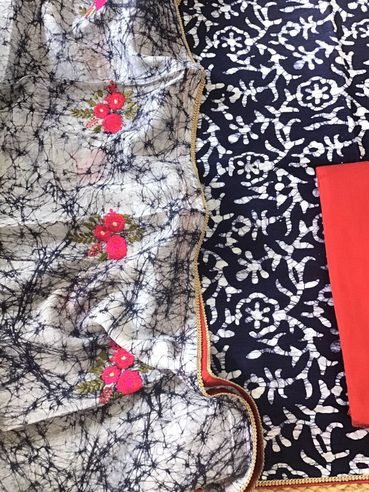 Image of Pure Linen Chanderi Printed Embroidered Suit - Blue