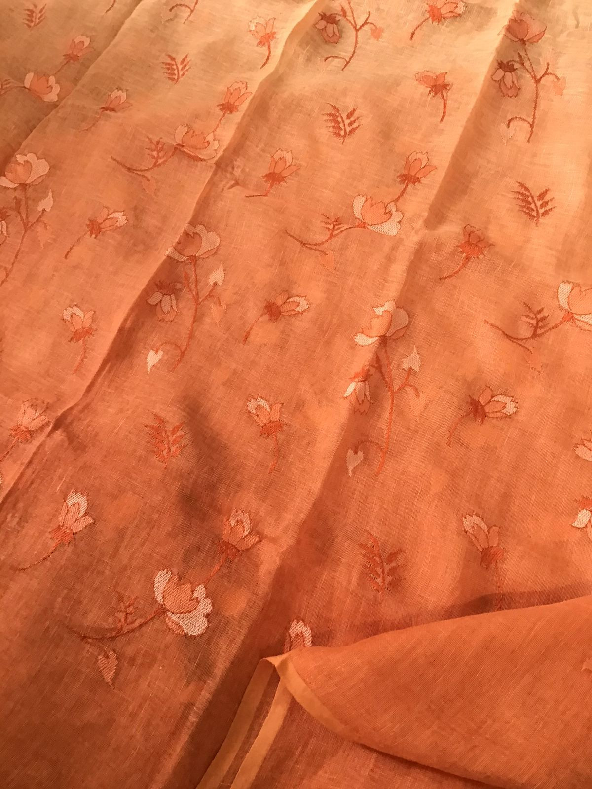 Pure Linen Jute Cotton Shaded Embroidered Suit - Orange