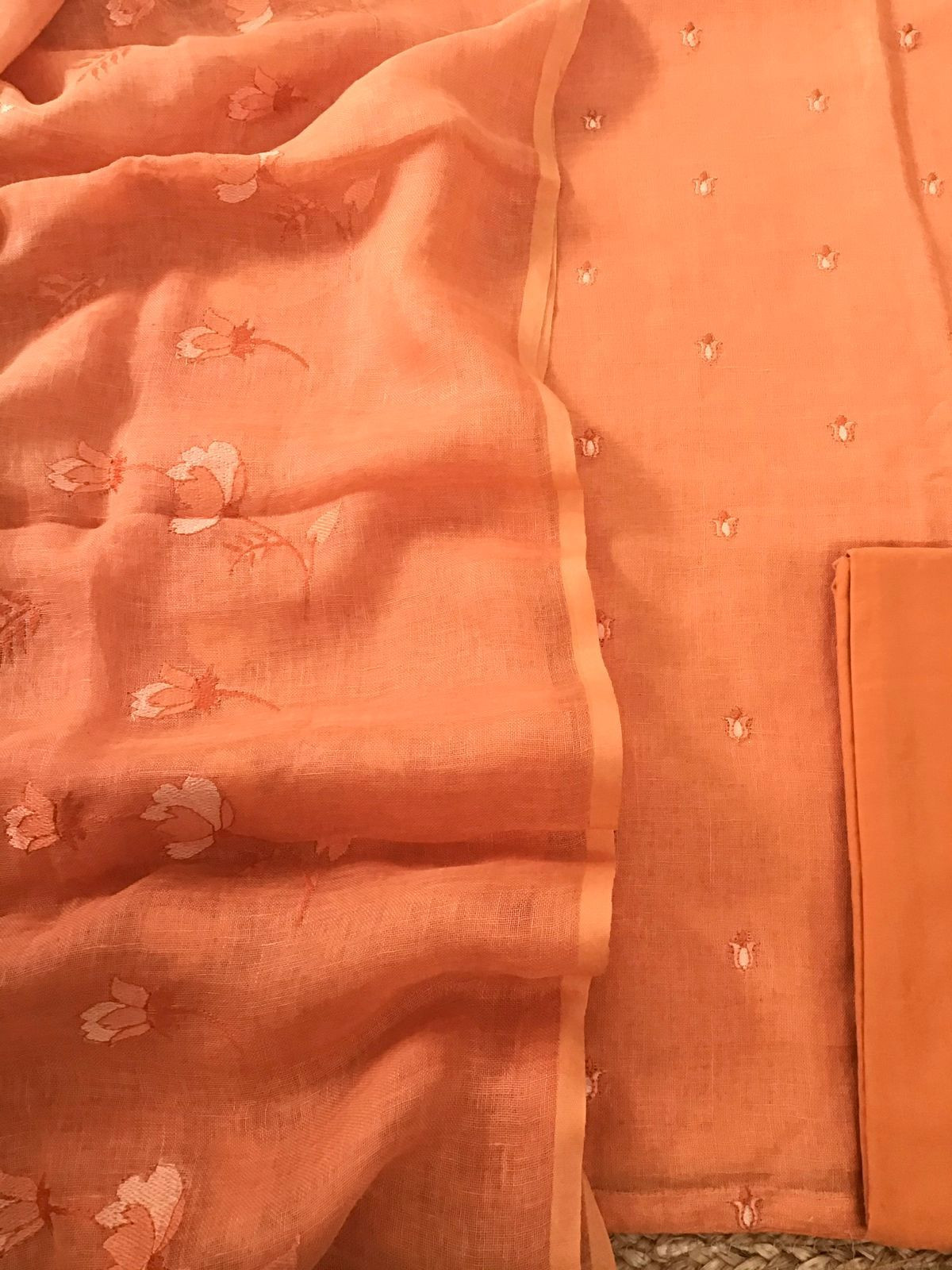Pure Linen Jute Cotton Shaded Embroidered Suit - Orange