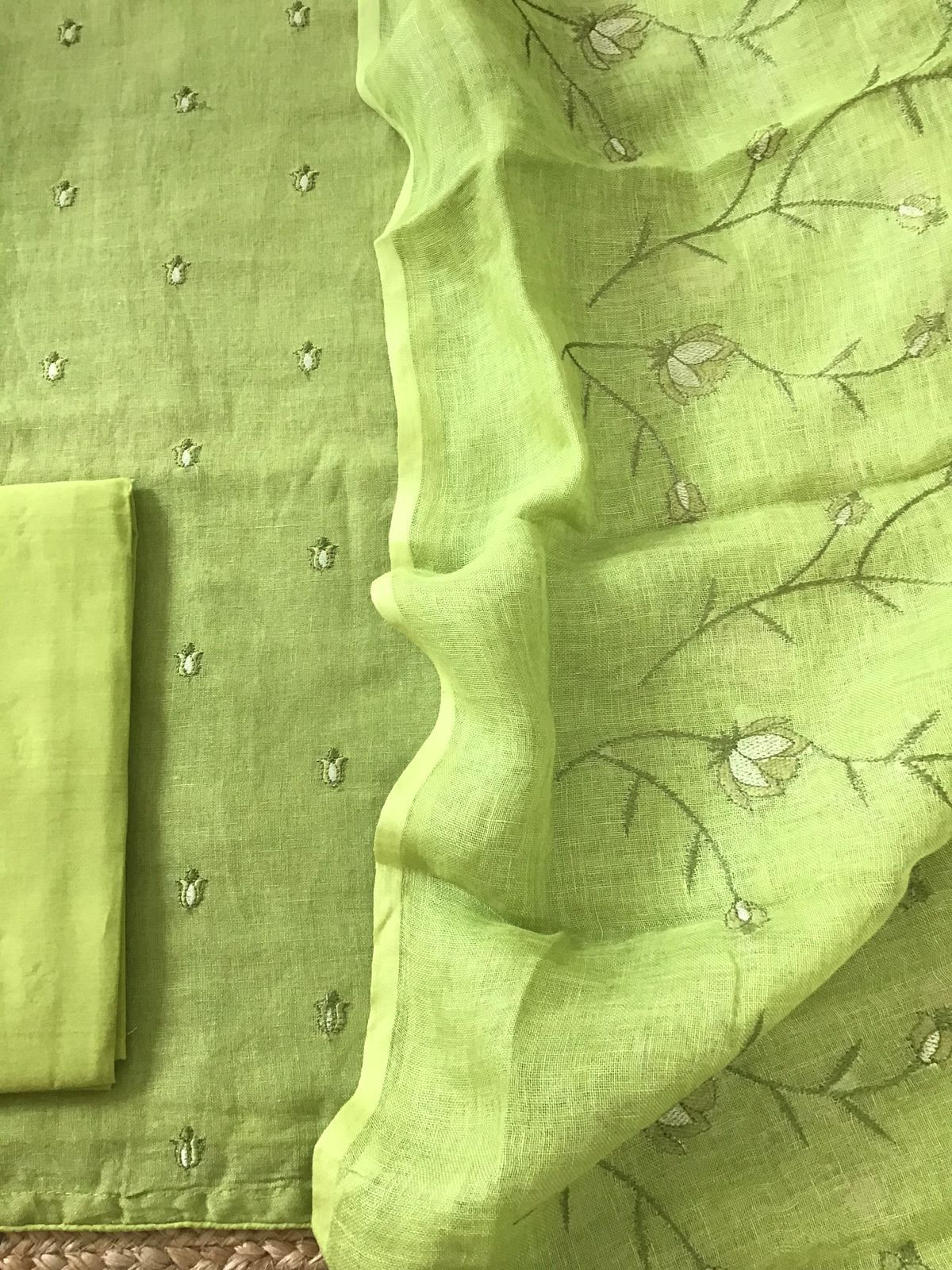Pure Linen Jute Cotton Shaded Embroidered Suit - Green