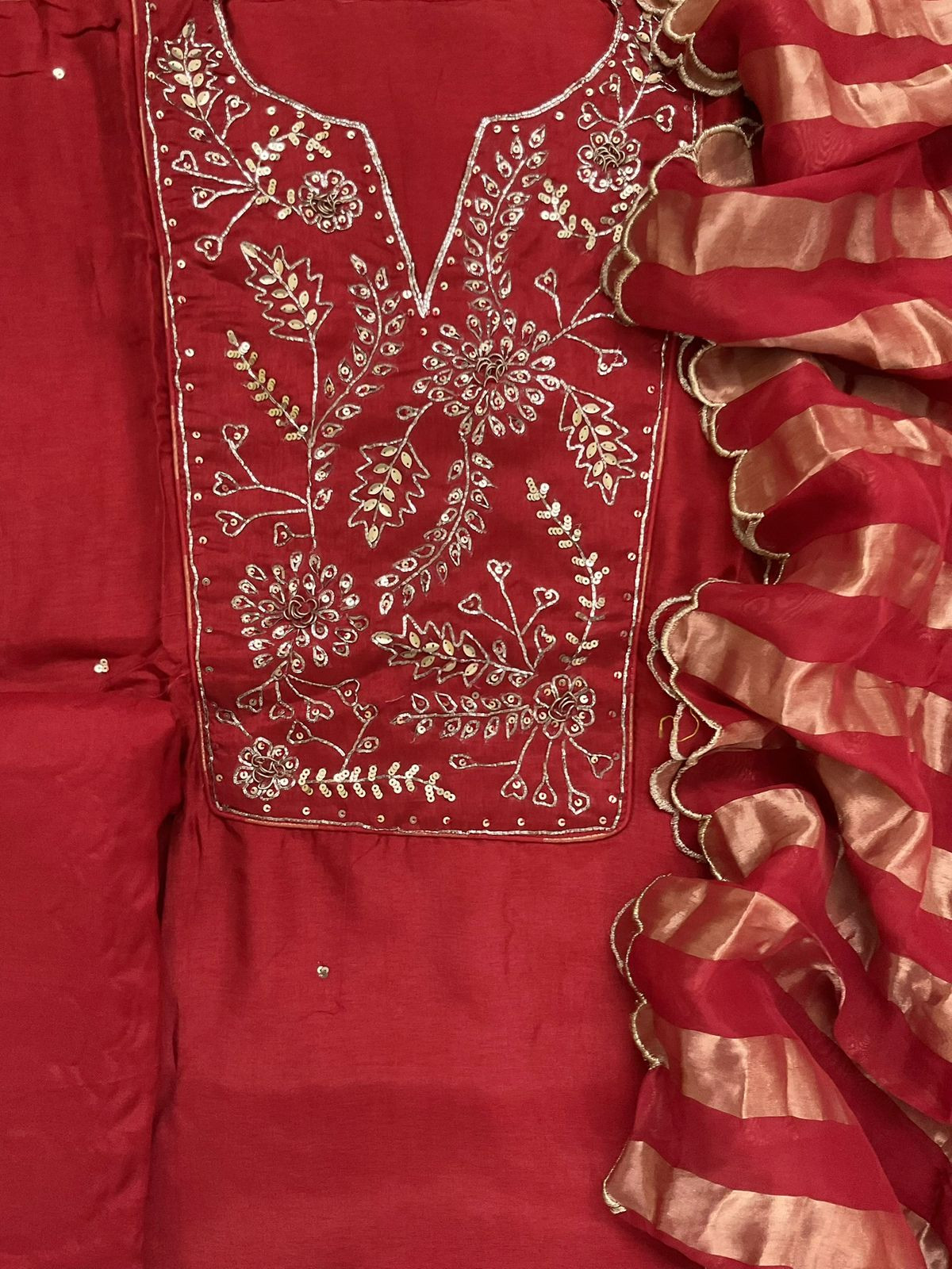 Pure Dola Silk Self Weaved Embroidered Suit - Organish Red