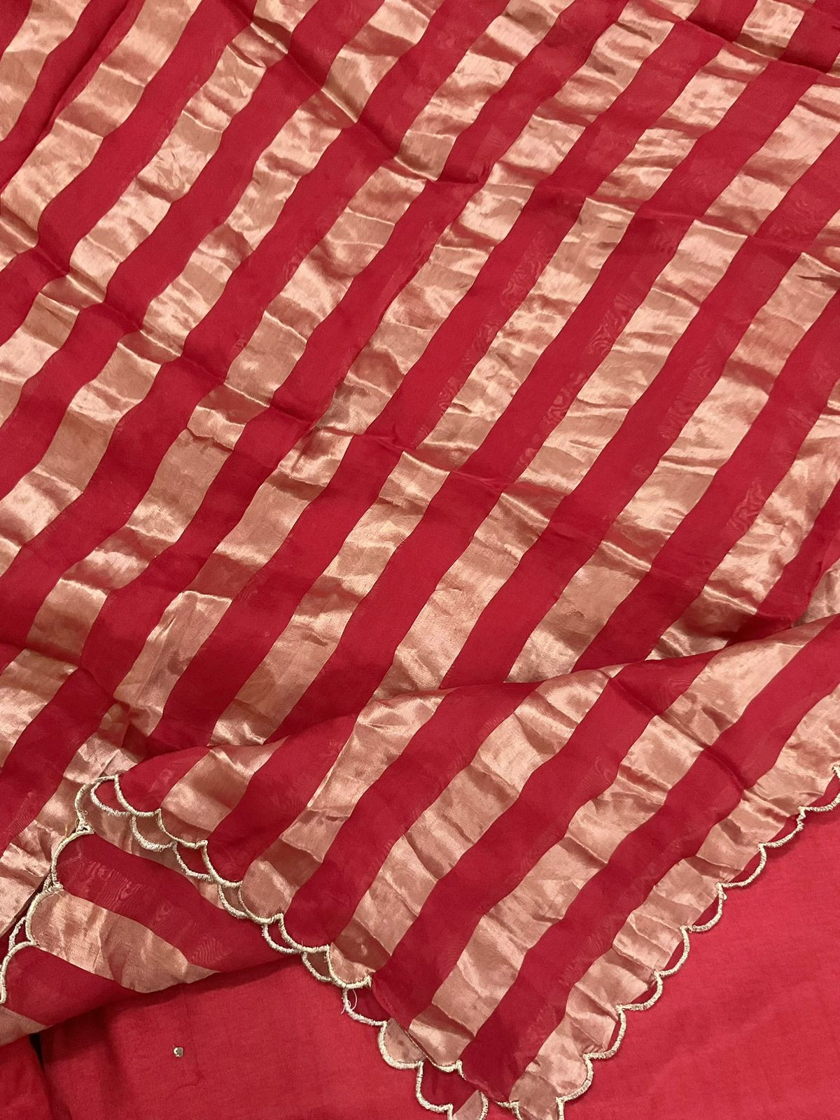 Pure Dola Silk Self Weaved Embroidered Suit - Organish Red