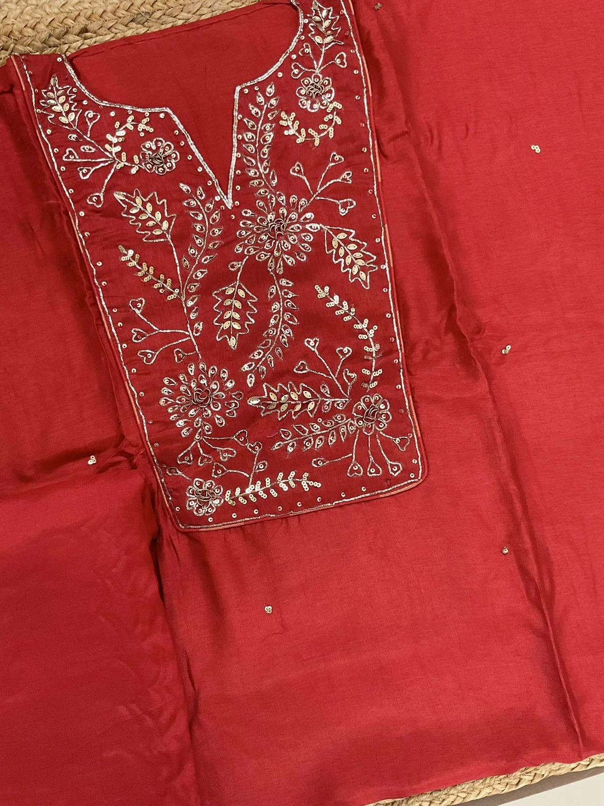 Pure Dola Silk Self Weaved Embroidered Suit - Organish Red
