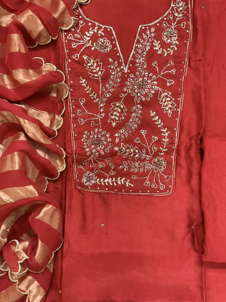 Image of Pure Dola Silk Self Weaved Embroidered Suit - Organish Red