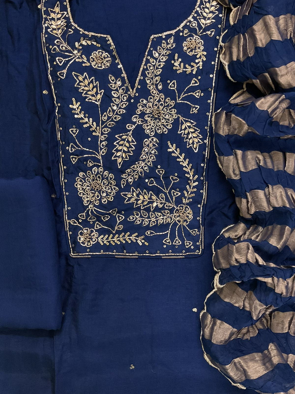 Pure Dola Silk Self Weaved Embroidered Suit - Blue