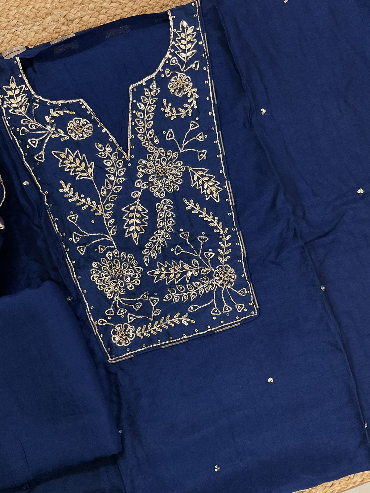 Pure Dola Silk Self Weaved Embroidered Suit - Blue
