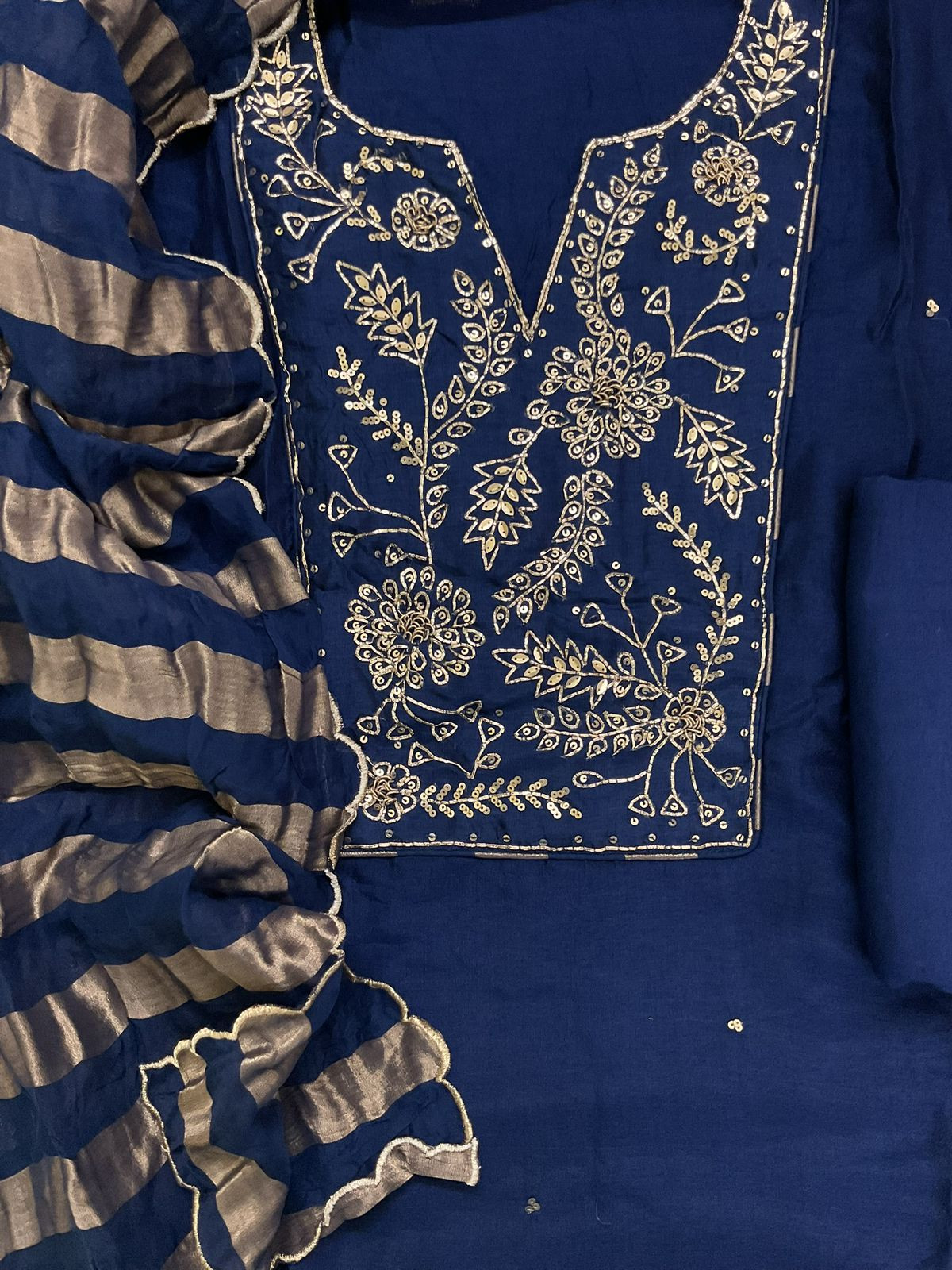 Pure Dola Silk Self Weaved Embroidered Suit - Blue