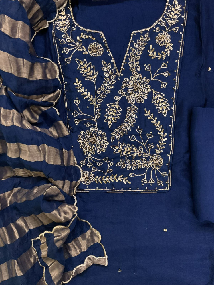 Image of Pure Dola Silk Self Weaved Embroidered Suit - Blue
