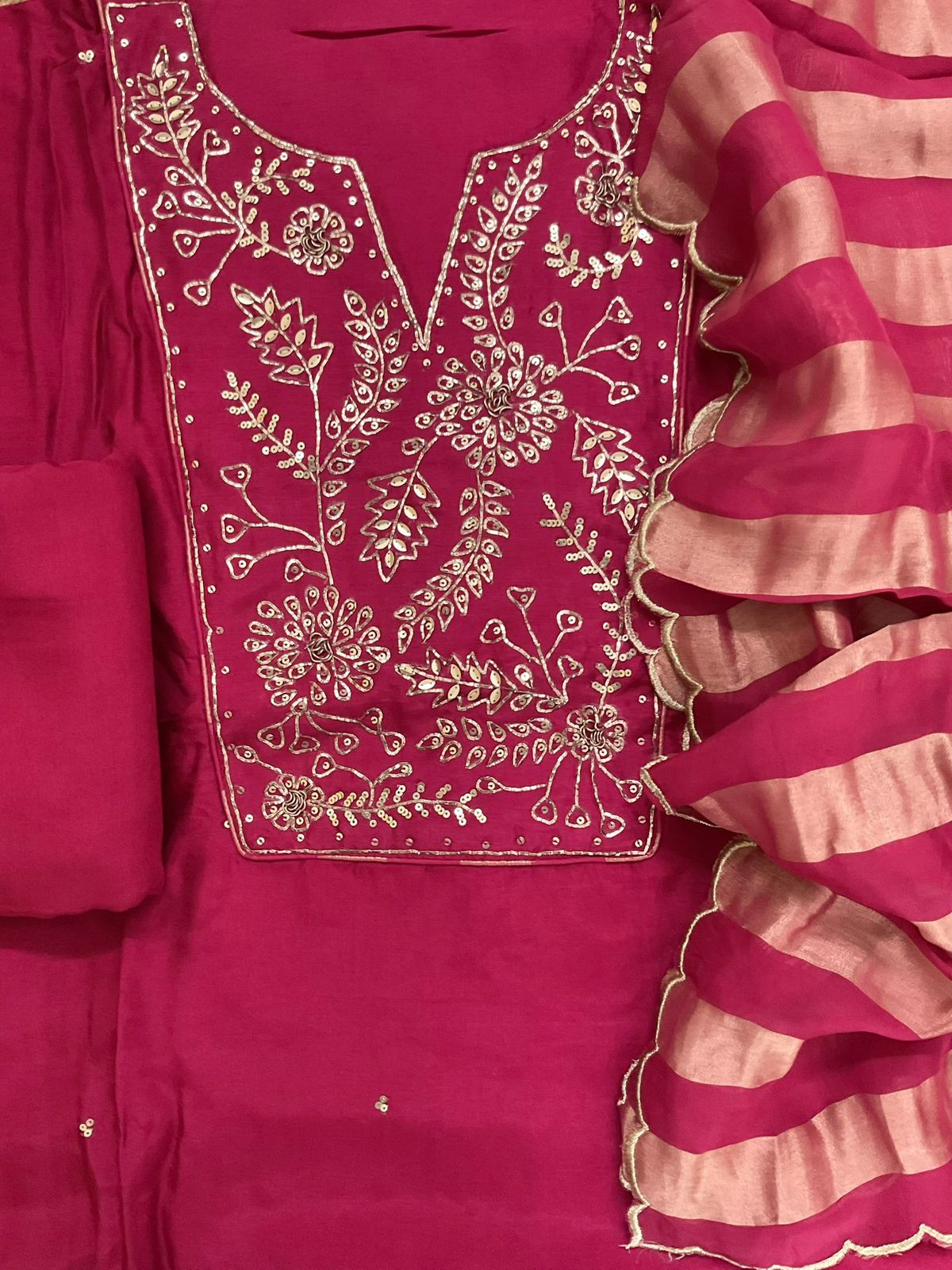 Pure Dola Silk Self Weaved Embroidered Suit - Pink