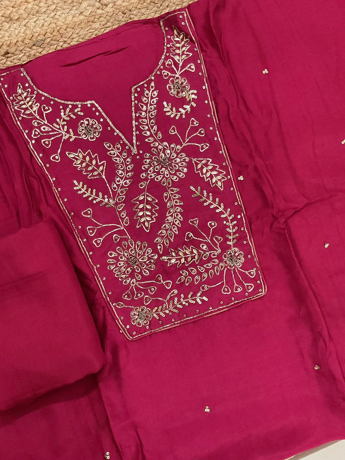 Pure Dola Silk Self Weaved Embroidered Suit - Pink