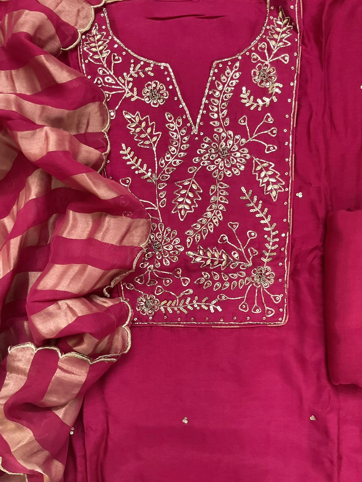 Pure Dola Silk Self Weaved Embroidered Suit - Pink