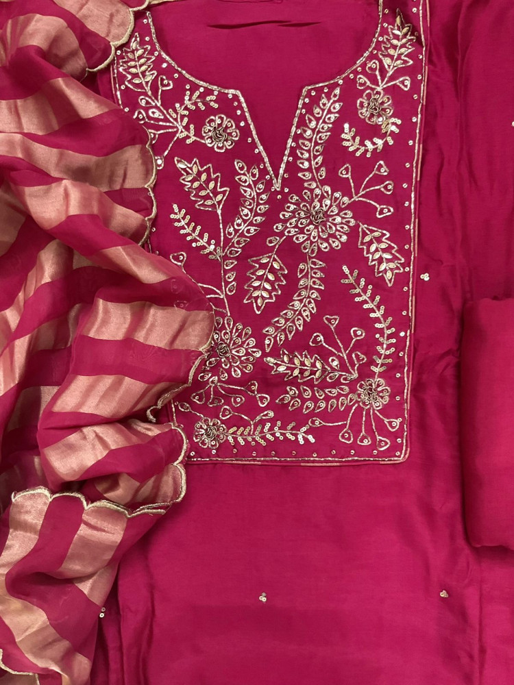 Image of Pure Dola Silk Self Weaved Embroidered Suit - Pink