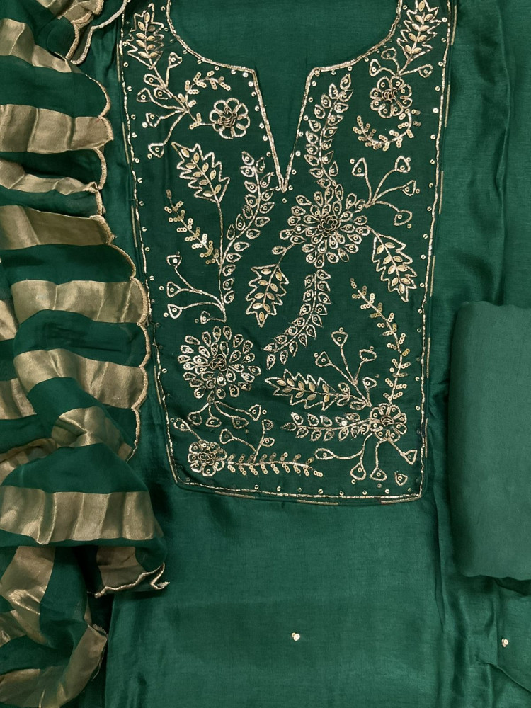 Image of Pure Dola Silk Self Weaved Embroidered Suit - Green