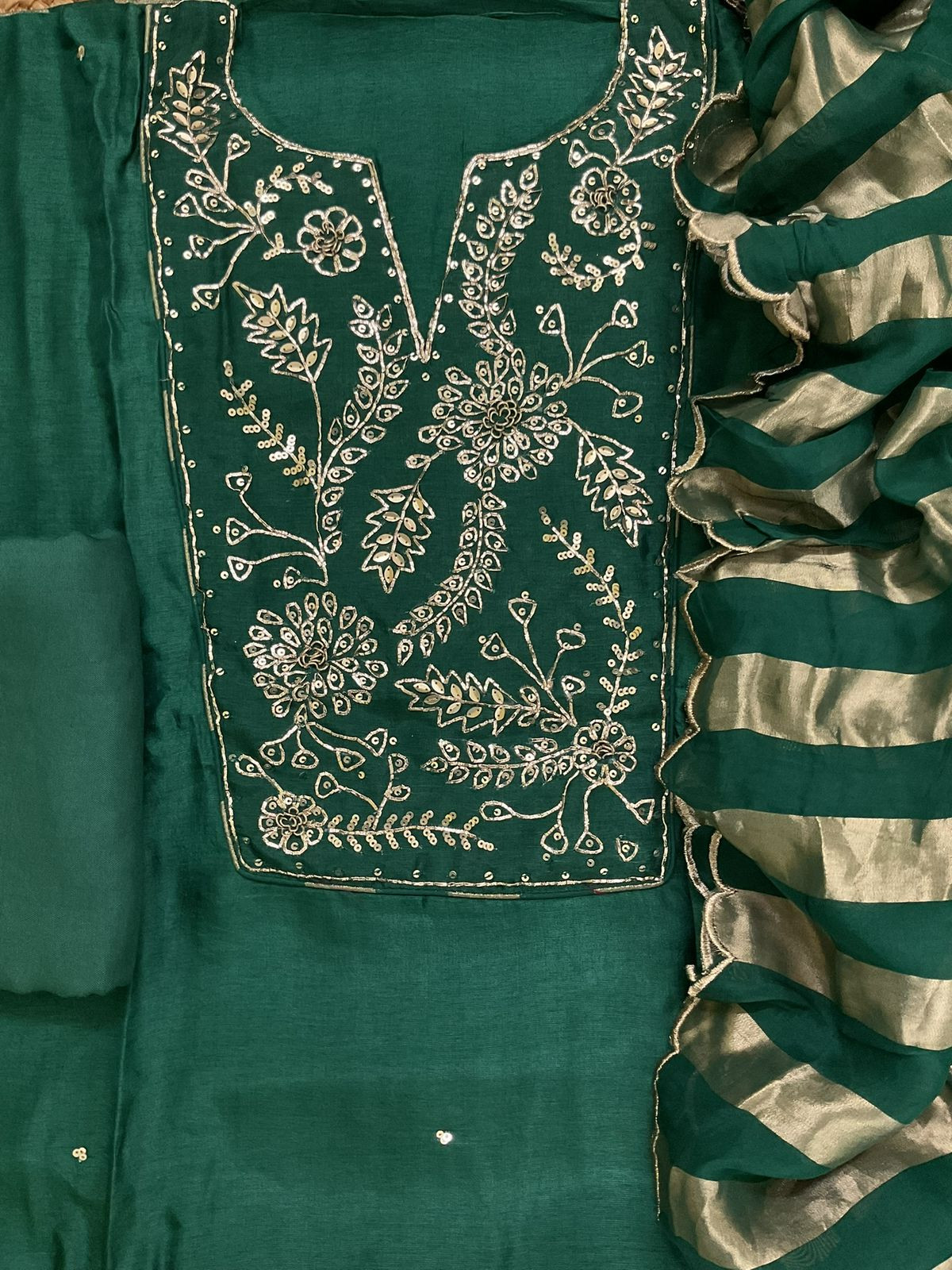 Pure Dola Silk Self Weaved Embroidered Suit - Green