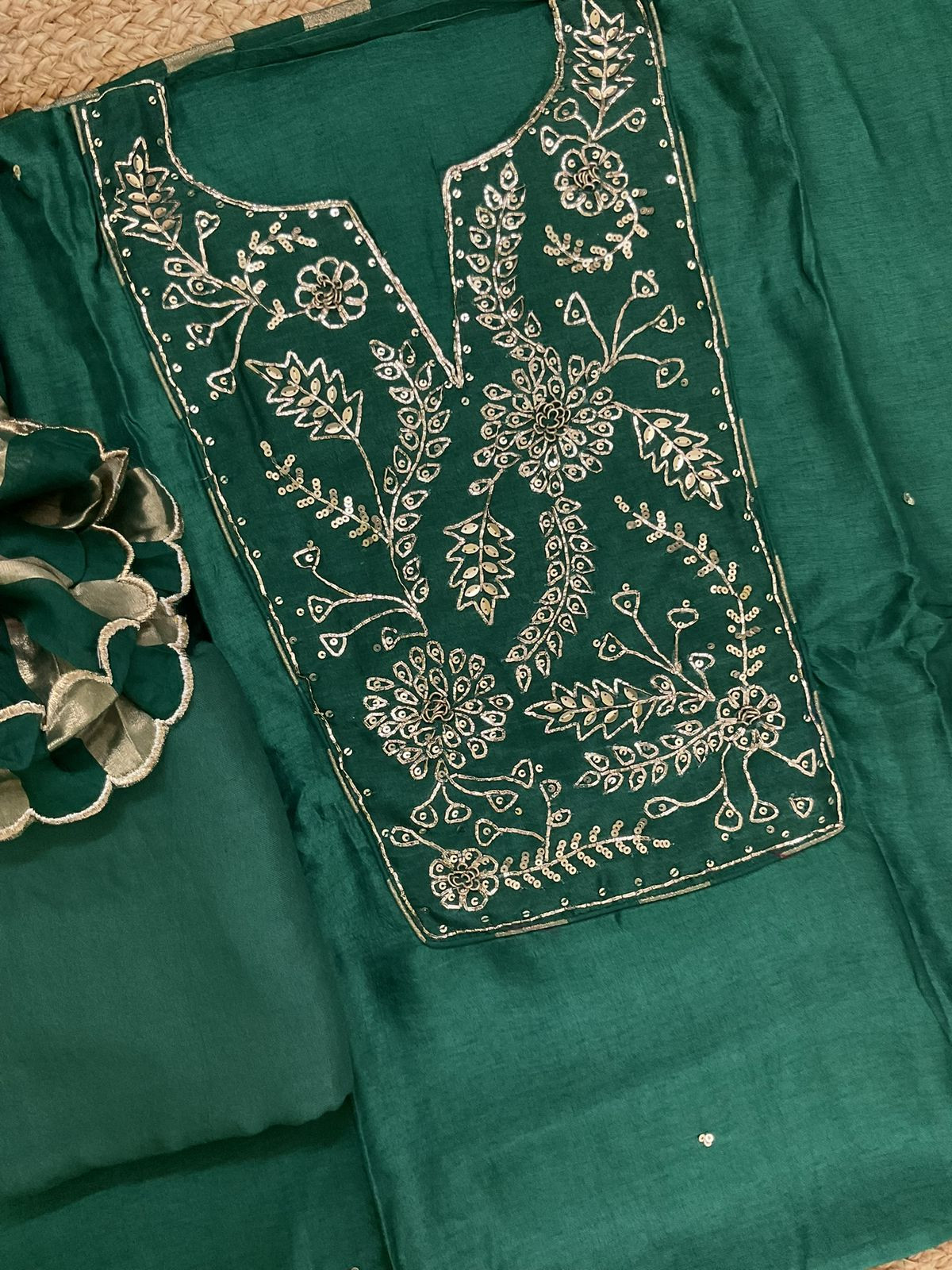 Pure Dola Silk Self Weaved Embroidered Suit - Green