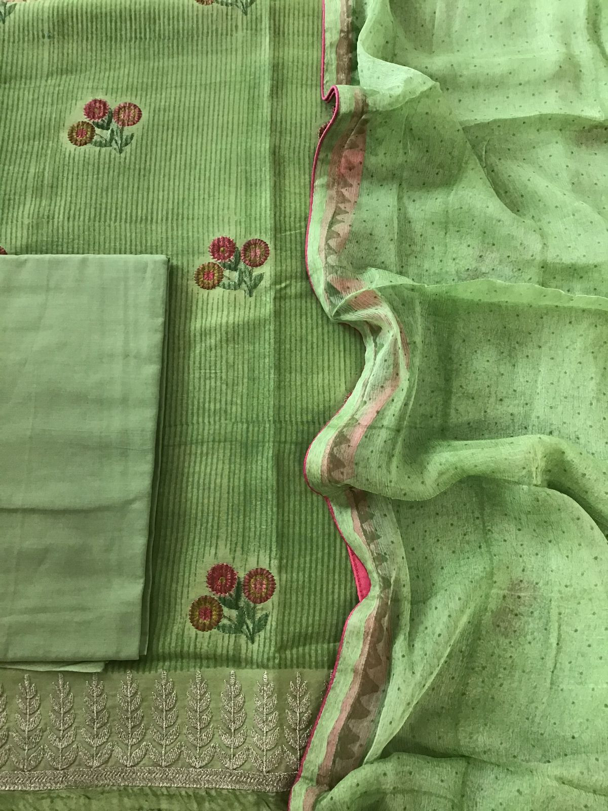 Pure Chanderi Printed Embroidered Suit - Green