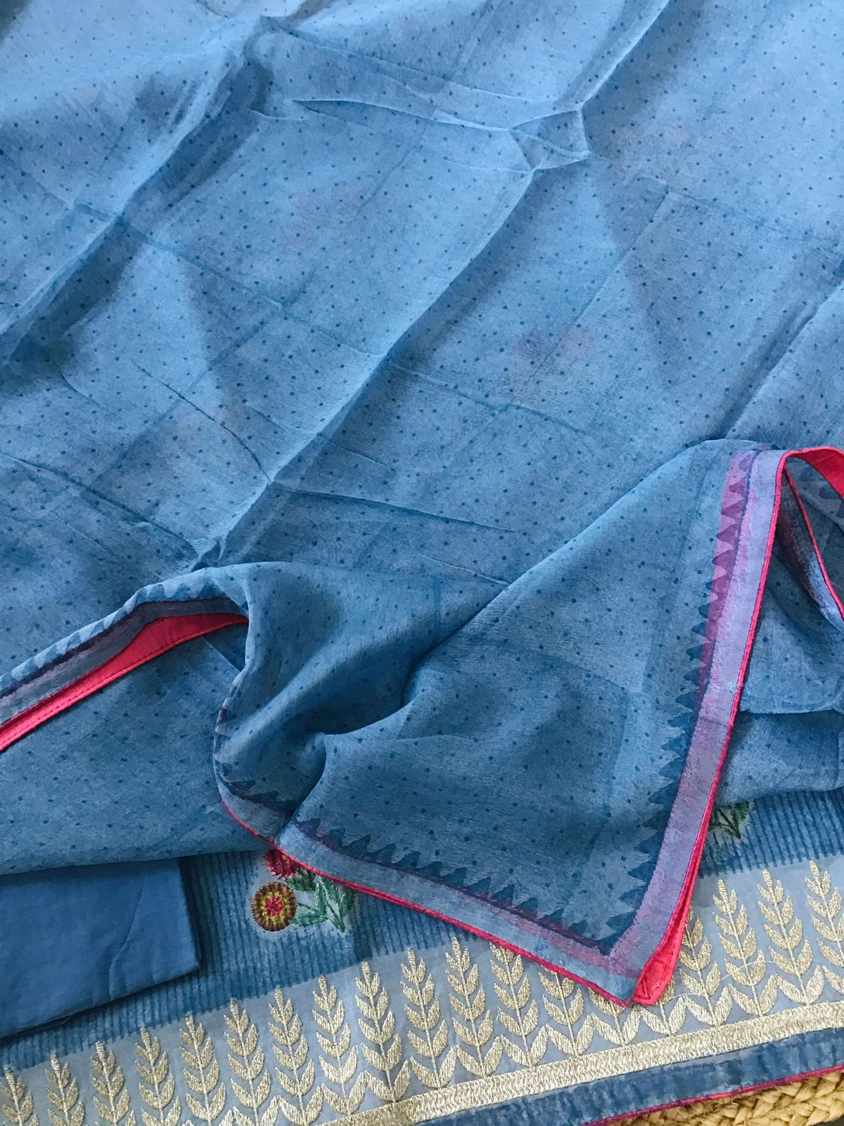 Pure Chanderi Printed Embroidered Suit - Blue