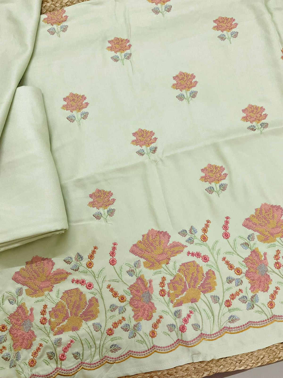 Soft Woollen Spun Silk Embroidered Suit - Green