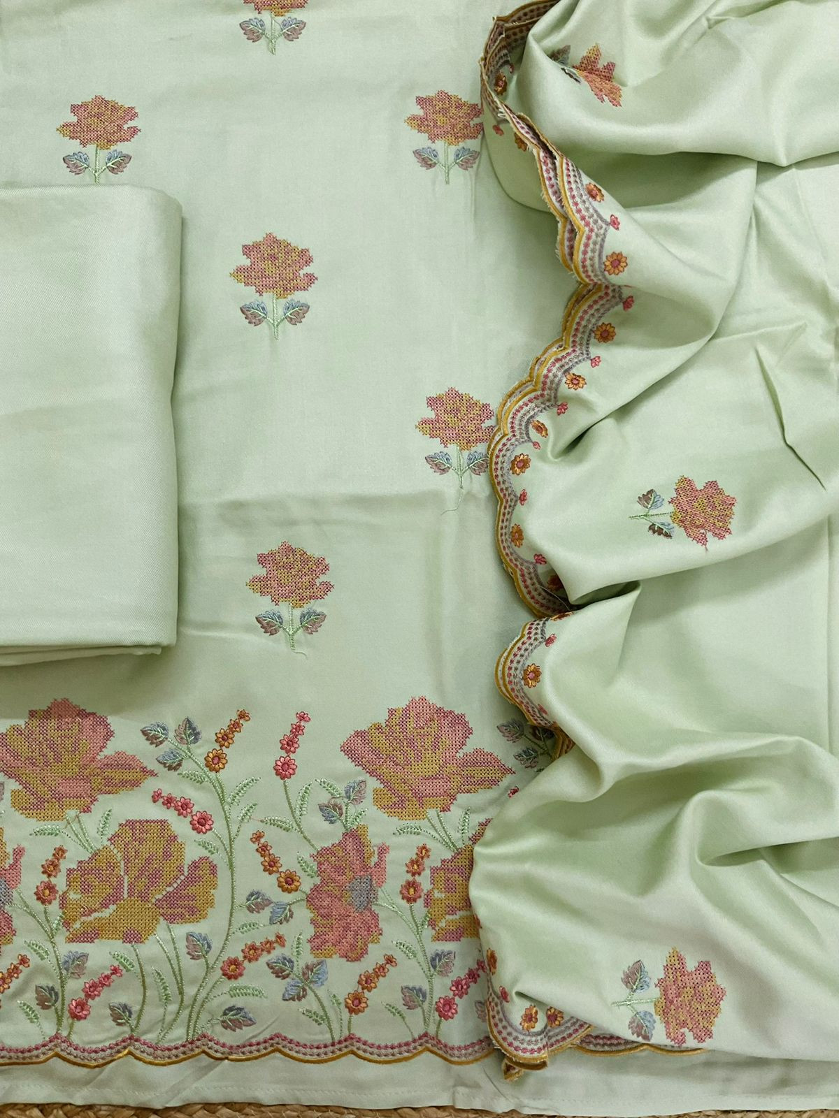 Soft Woollen Spun Silk Embroidered Suit - Green