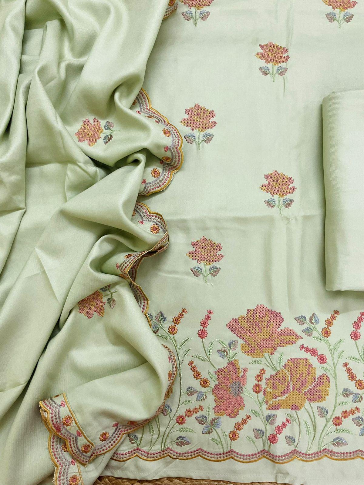 Soft Woollen Spun Silk Embroidered Suit - Green