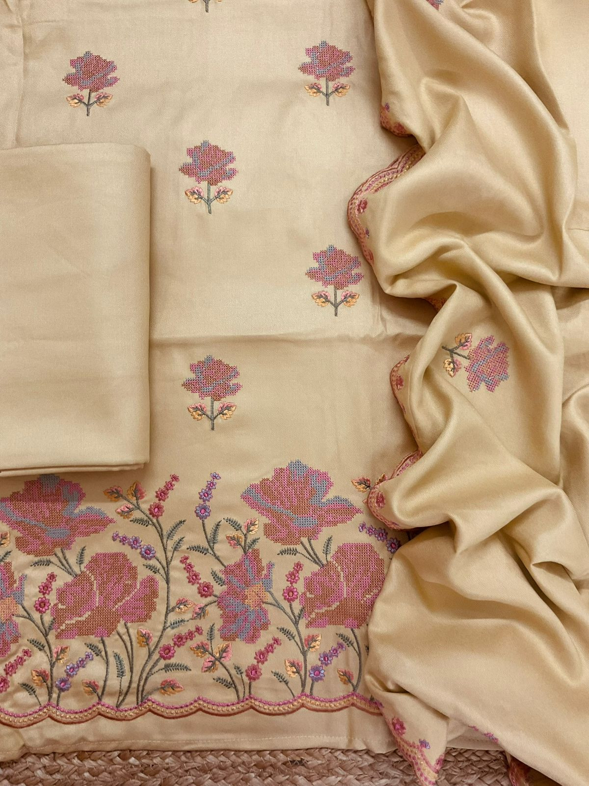 Soft Woollen Spun Silk Embroidered Suit - Yellow