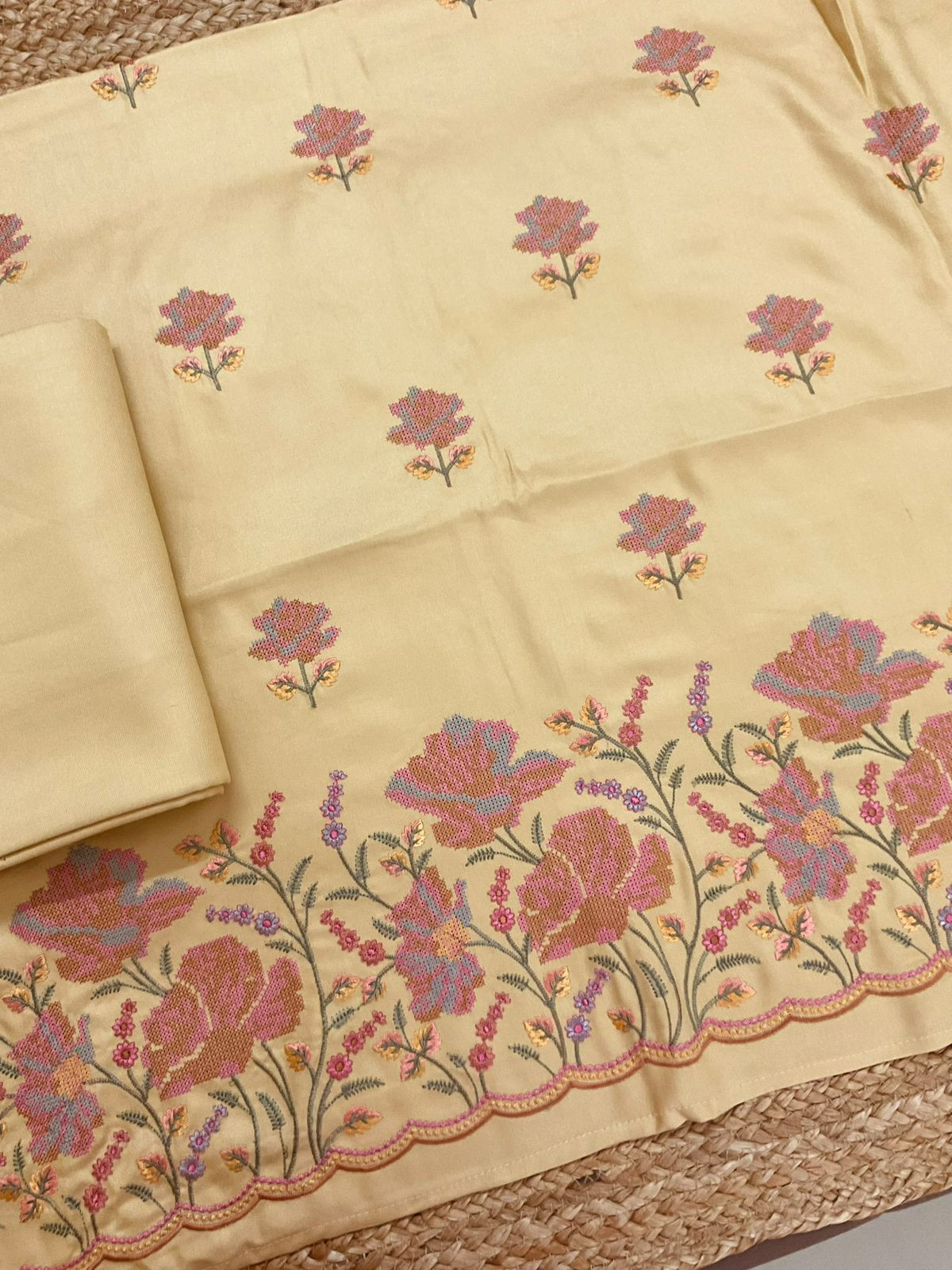 Soft Woollen Spun Silk Embroidered Suit - Yellow