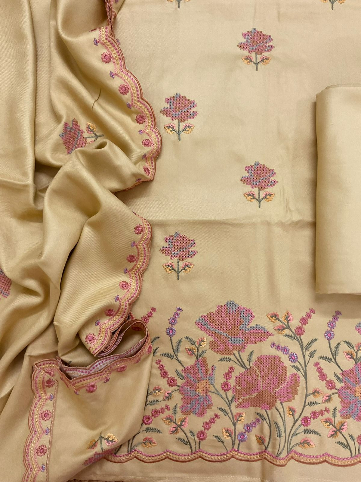 Soft Woollen Spun Silk Embroidered Suit - Yellow