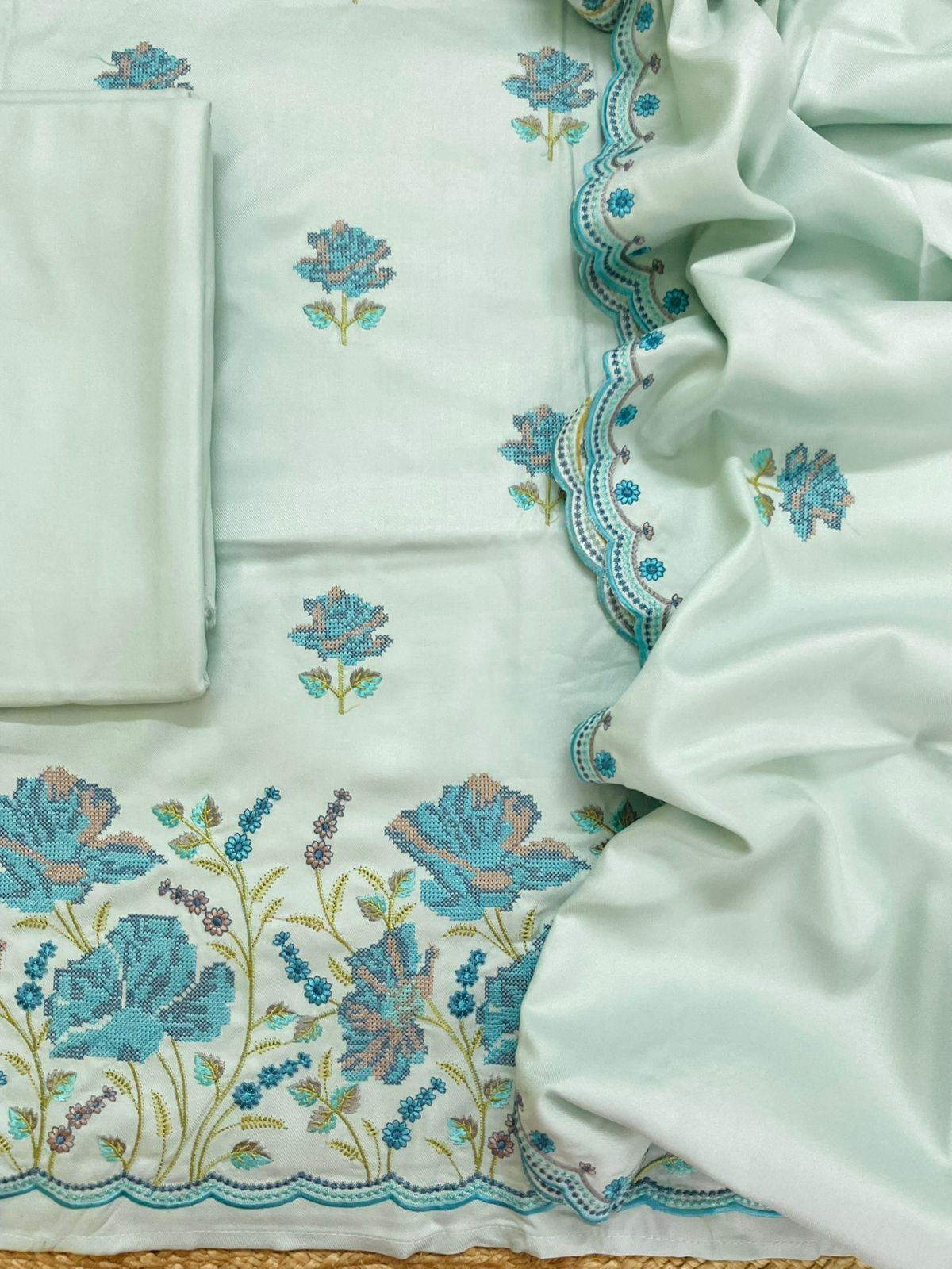 Soft Woollen Spun Silk Embroidered Suit - Blue