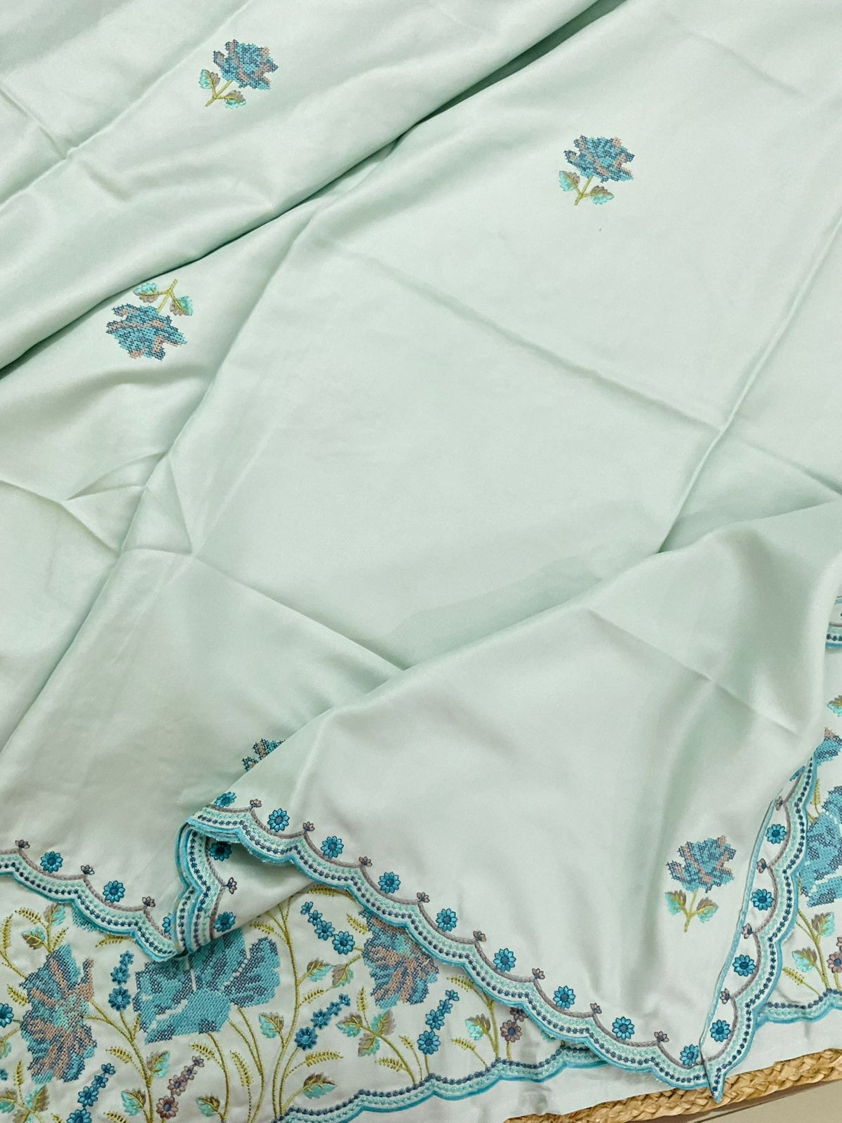 Soft Woollen Spun Silk Embroidered Suit - Blue