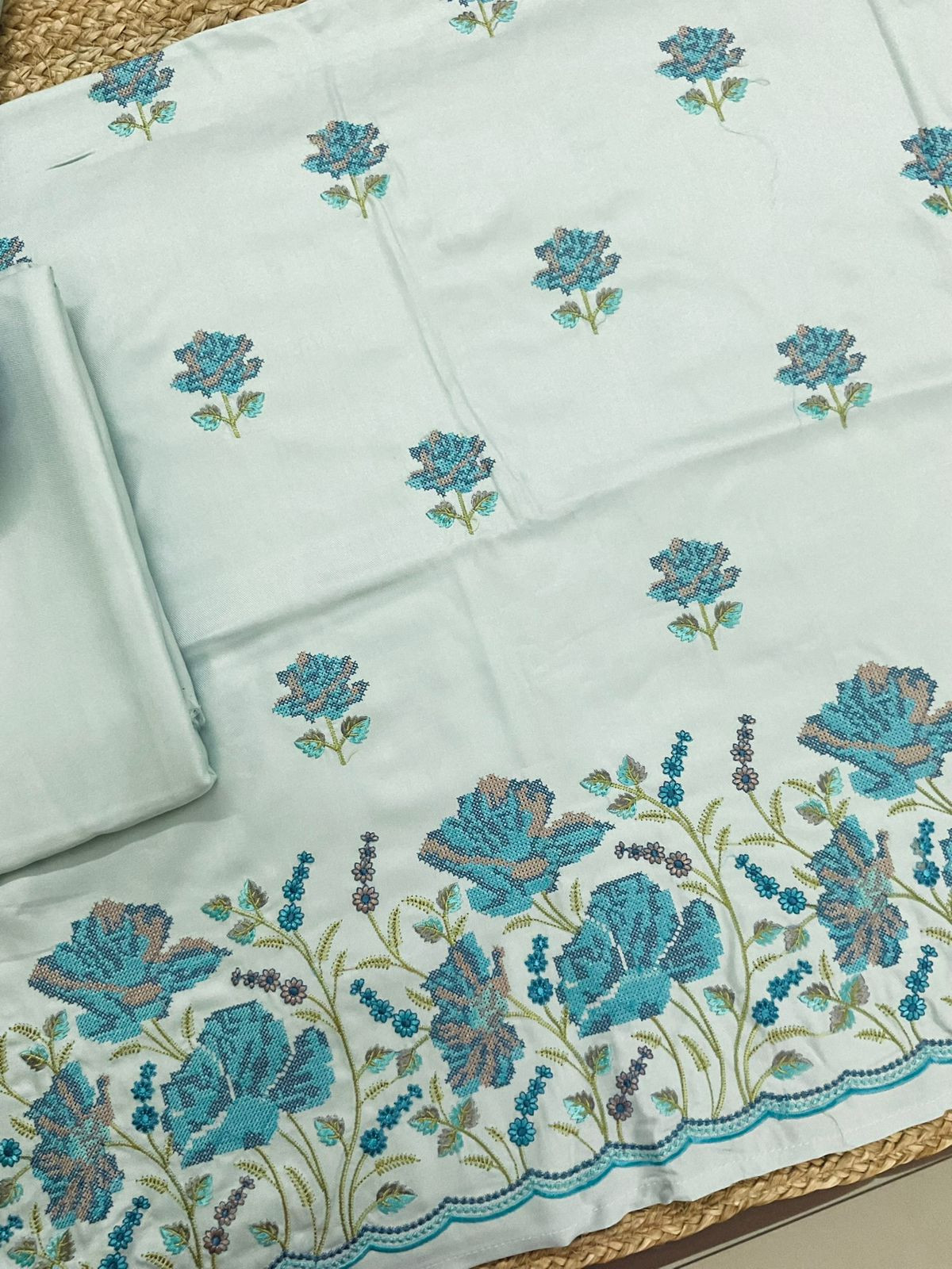 Soft Woollen Spun Silk Embroidered Suit - Blue