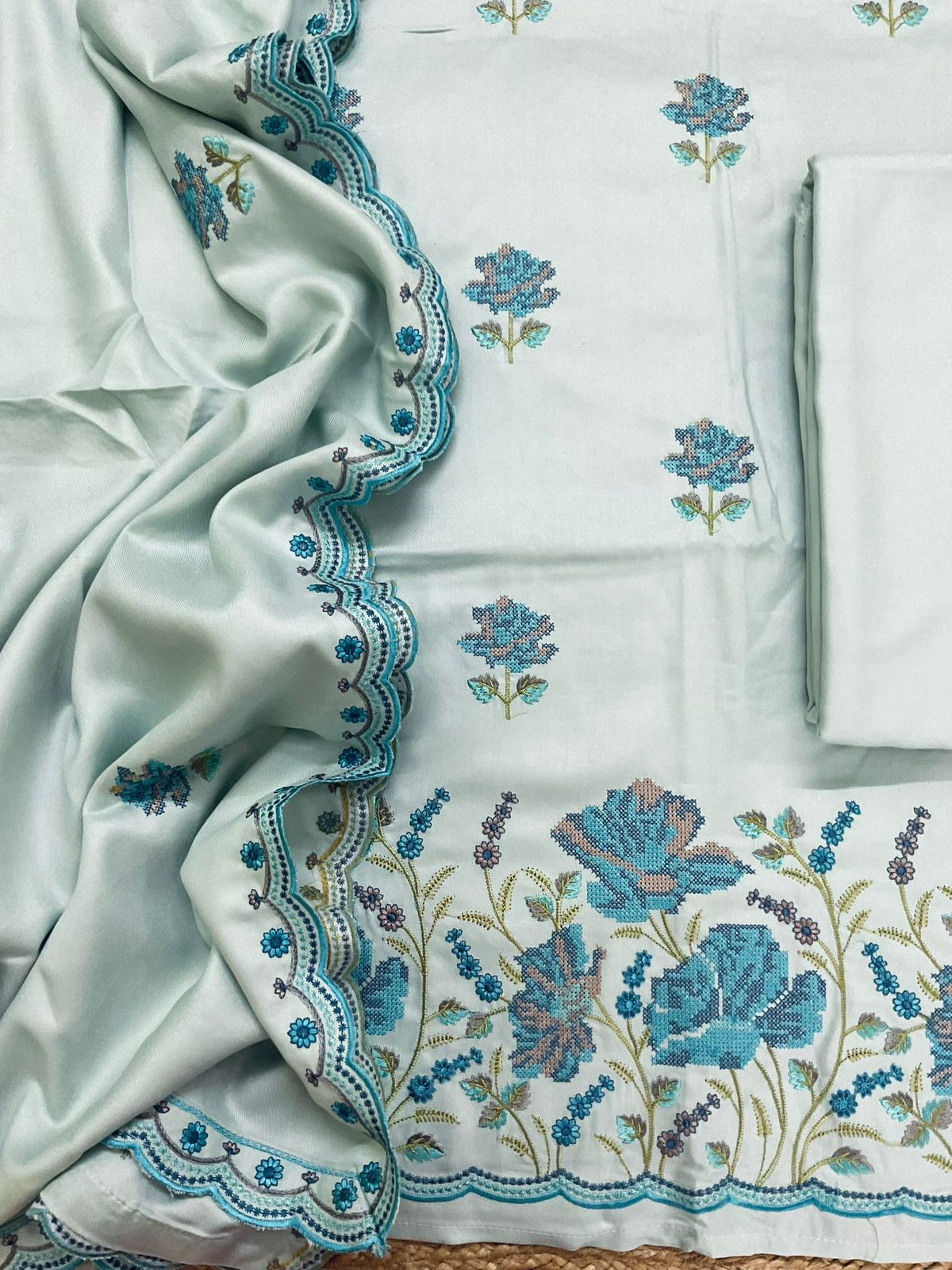 Soft Woollen Spun Silk Embroidered Suit - Blue