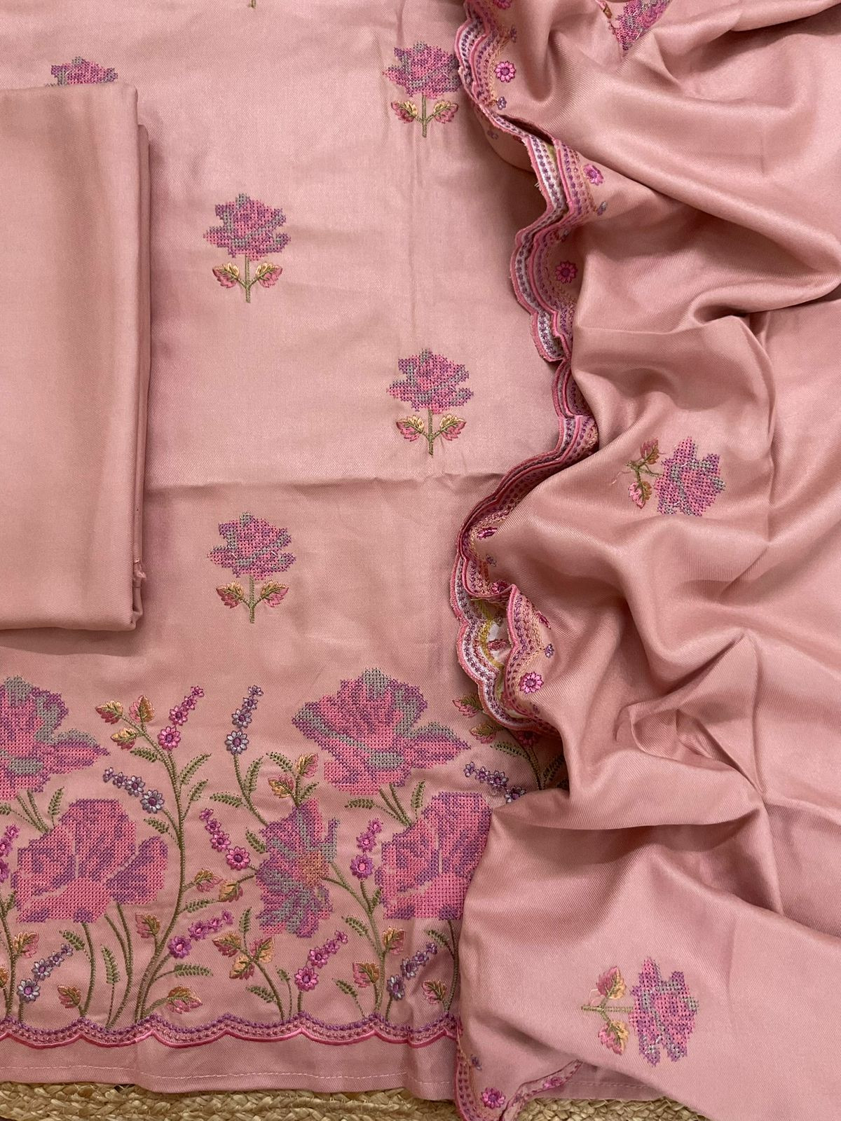 Soft Woollen Spun Silk Embroidered Suit - Pink