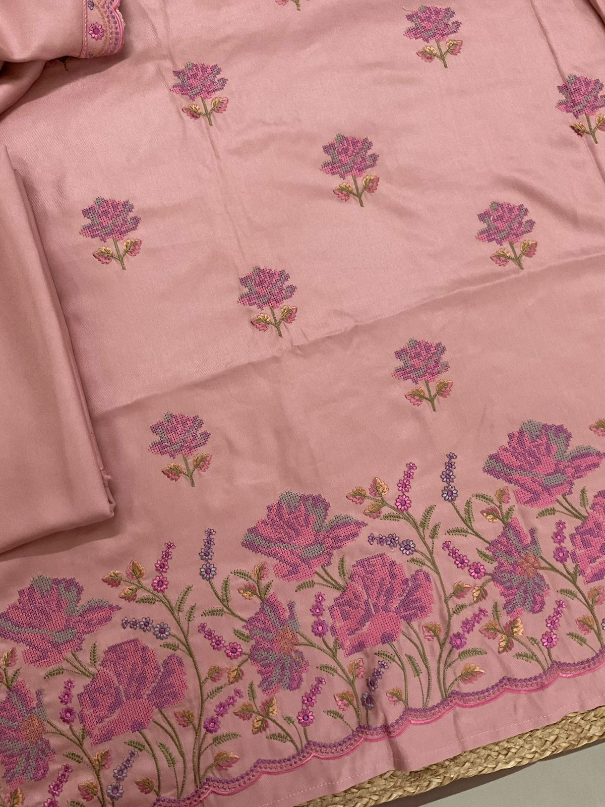 Soft Woollen Spun Silk Embroidered Suit - Pink