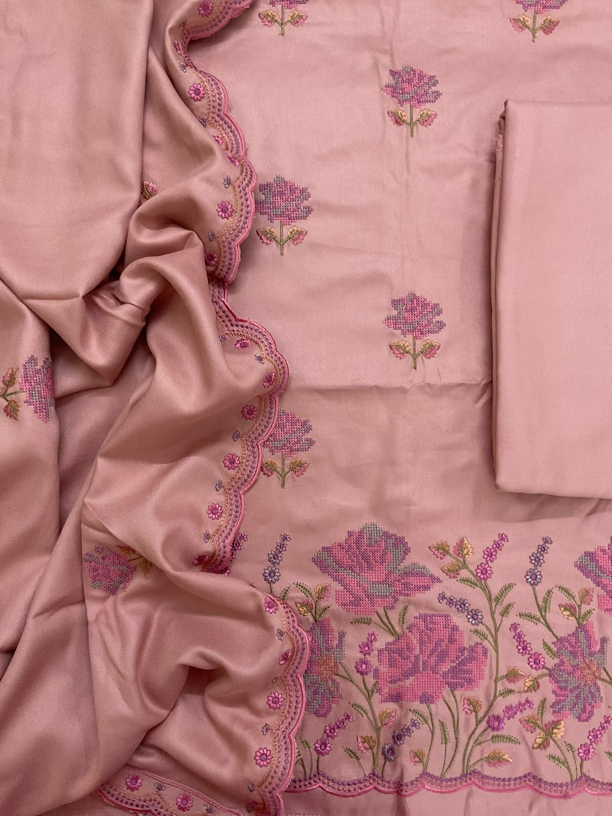 Soft Woollen Spun Silk Embroidered Suit - Pink