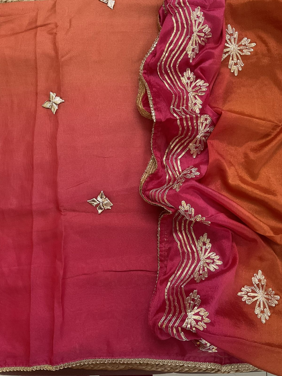 Soft Tissue Chanderi Shaded Embroidered Suit - Orange