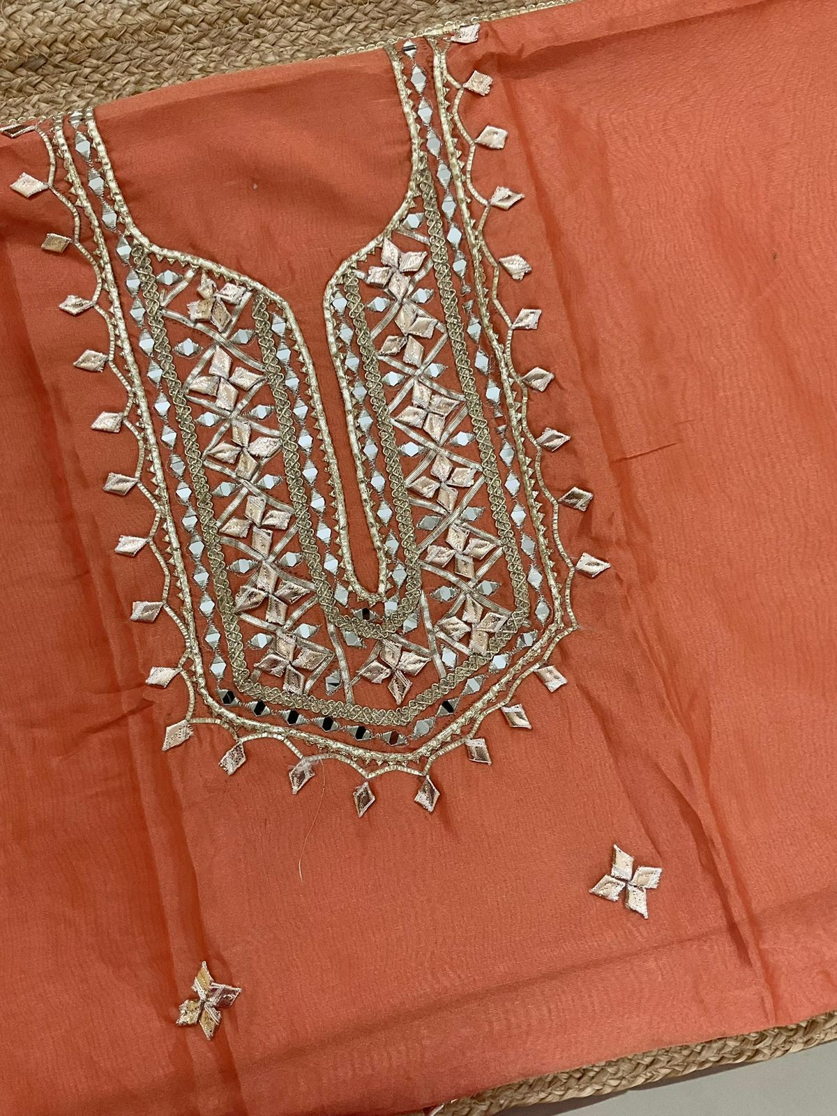 Soft Tissue Chanderi Shaded Embroidered Suit - Orange