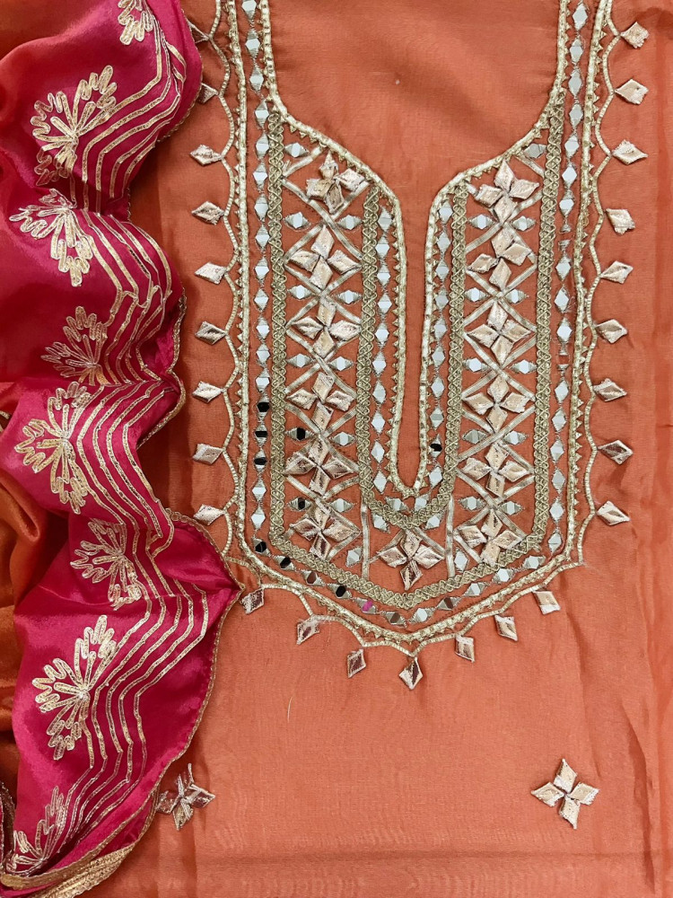 Image of Soft Tissue Chanderi Shaded Embroidered Suit - Orange