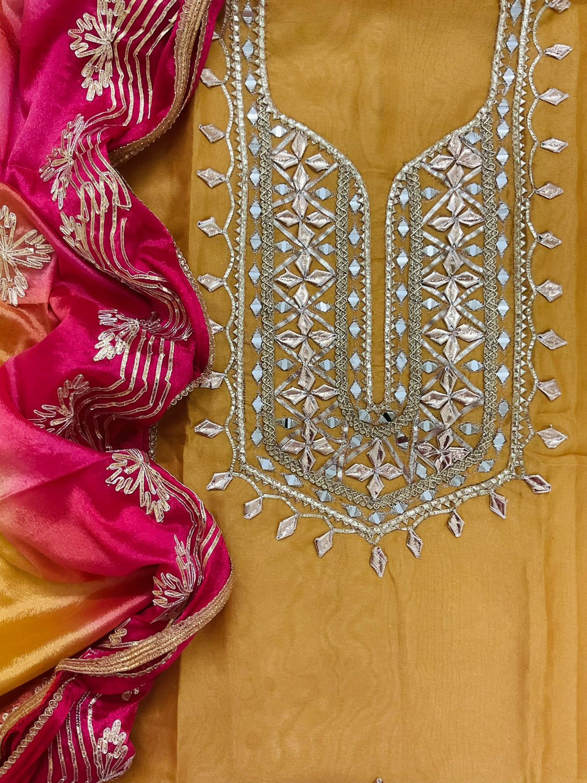 Soft Tissue Chanderi Shaded Embroidered Suit - Yellow