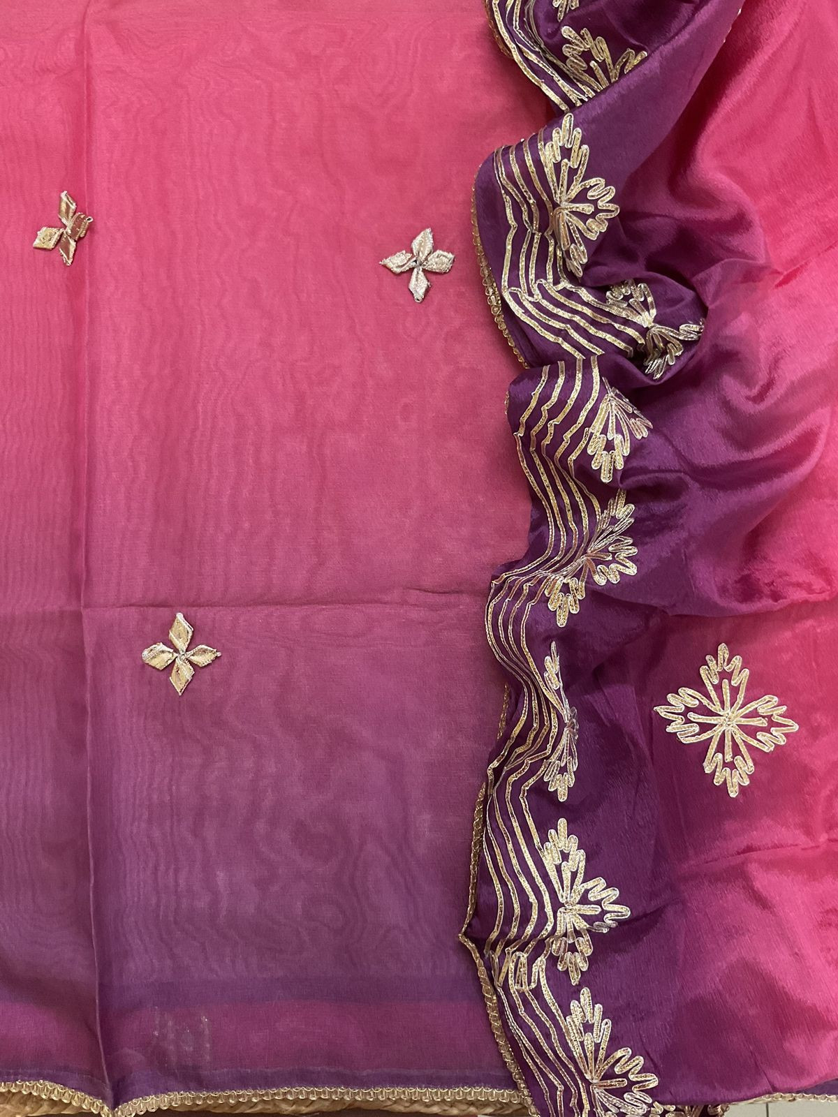 Soft Tissue Chanderi Shaded Embroidered Suit - Pink