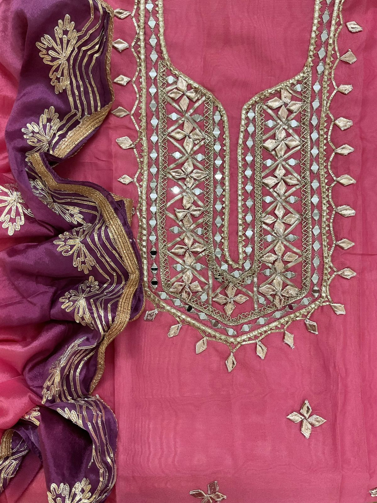 Soft Tissue Chanderi Shaded Embroidered Suit - Pink