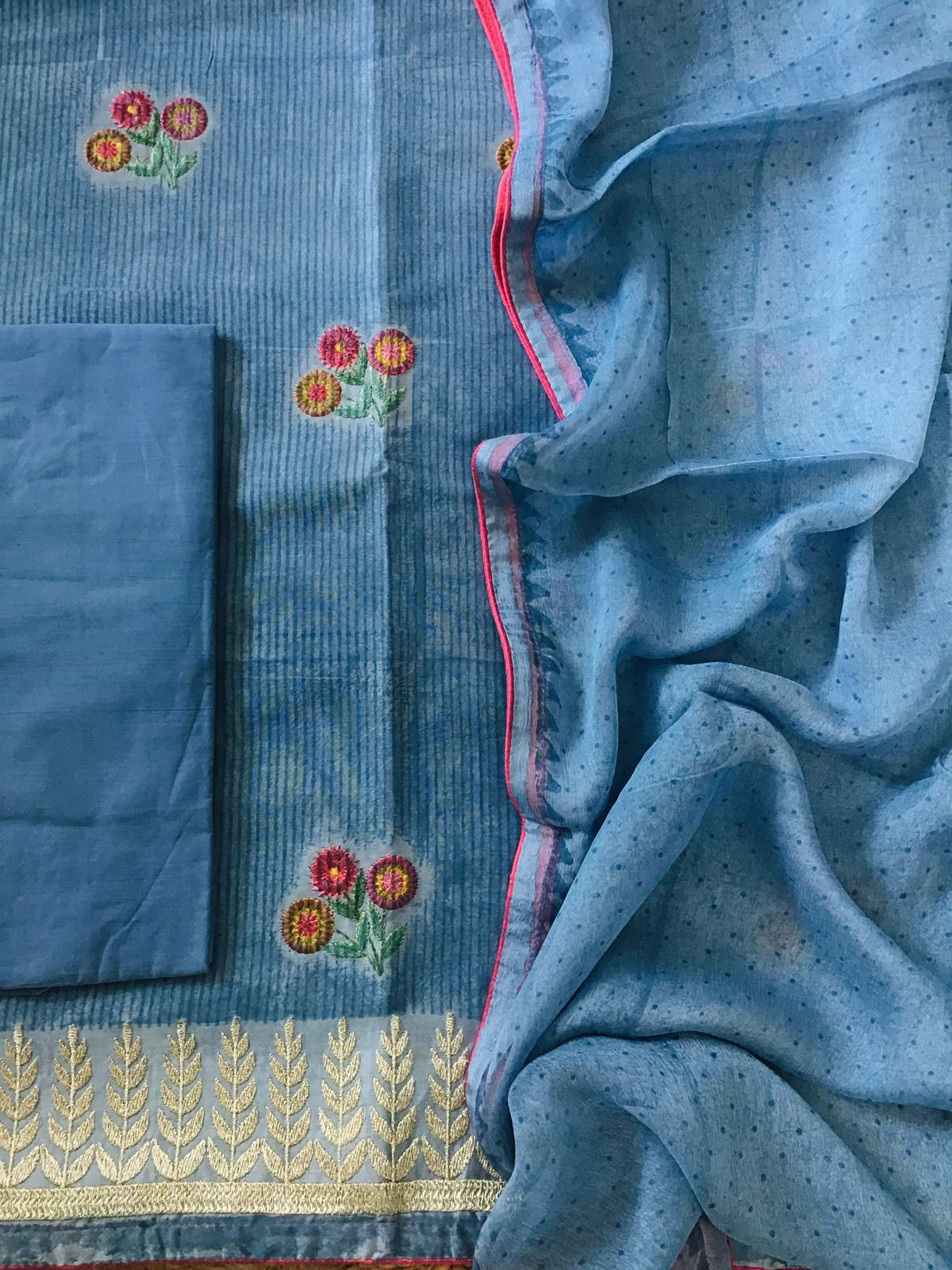 Pure Chanderi Printed Embroidered Suit - Blue